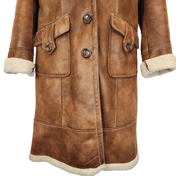 Guess Women's Size M Faux Shearling Coat Brown Sherpa Penny Lane 70s Western Y2K - Picture 5 of 9